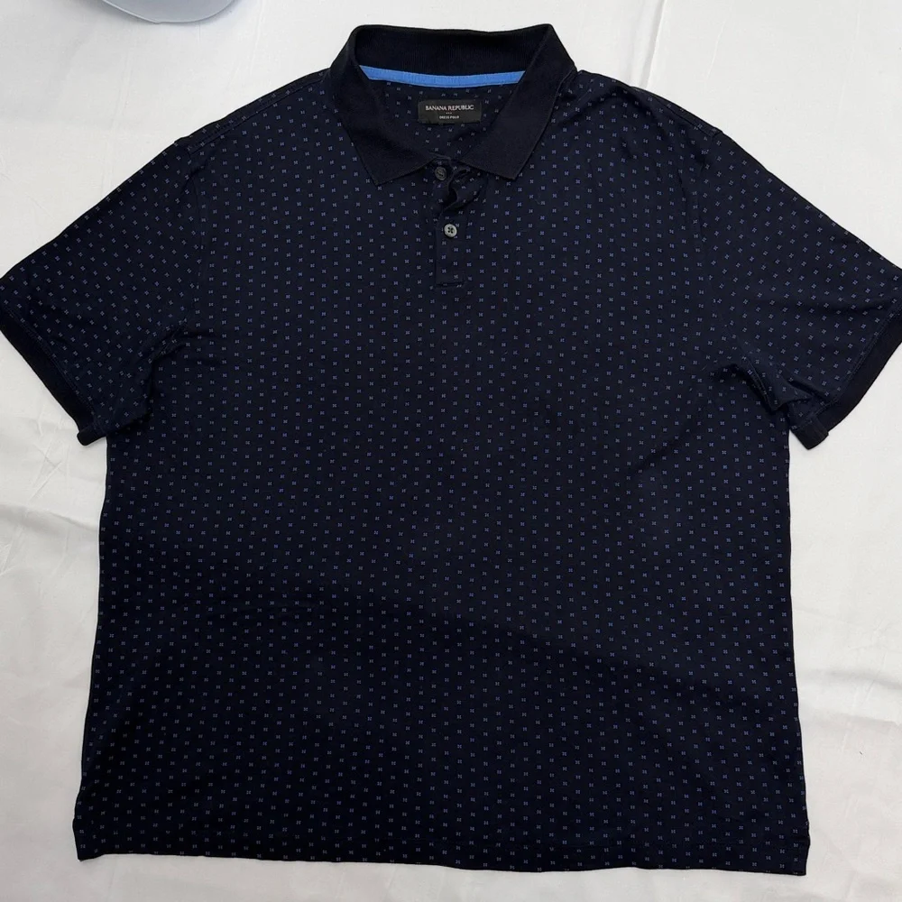 Banana Republic Mens XL Navy Blue Geometric Print Cotton Short Sleeve Dress Polo
